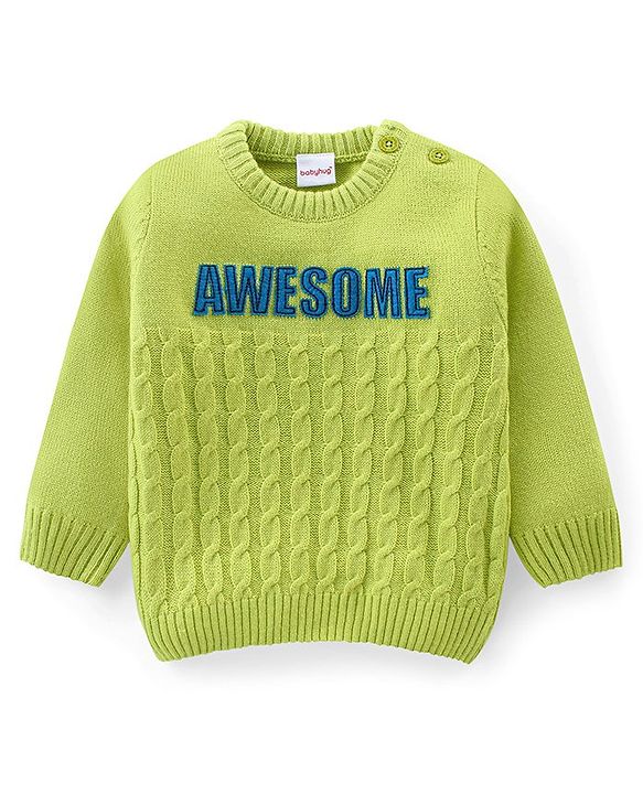 Babyhug Knit Full Sleeves Pullover Sweater with Text Design - Neon Light