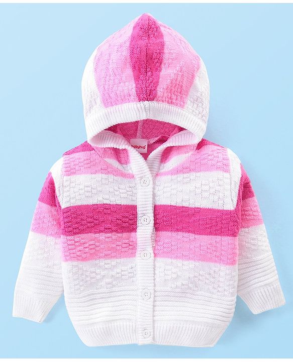 Babyhug Knitted Full Sleeves Front Open Hooded Sweater with Stripes Design - Pink