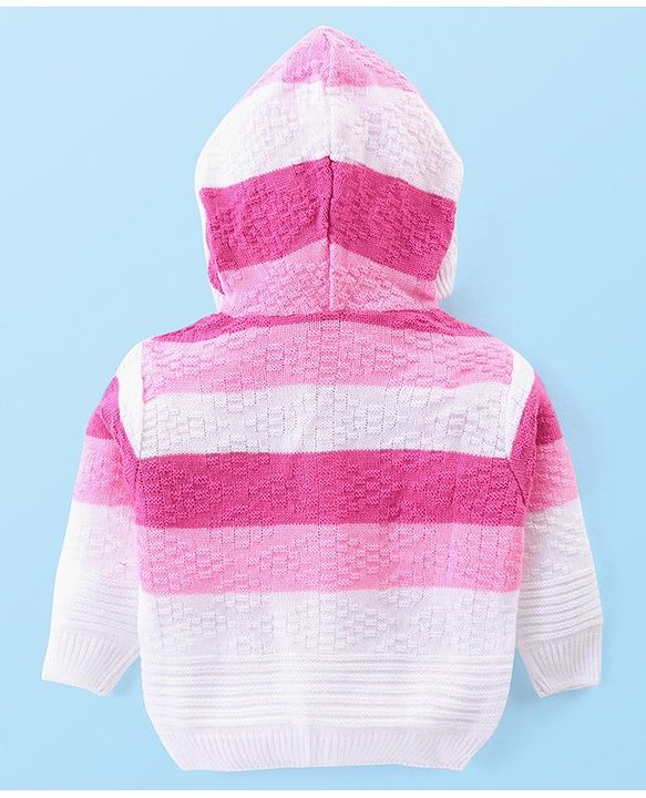 Babyhug Knitted Full Sleeves Front Open Hooded Sweater with Stripes Design - Pink