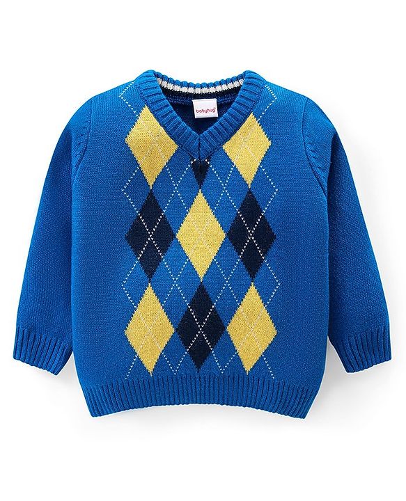 Babyhug Knit Full Sleeves Pullover  Sweater with Argyle Design - Blue