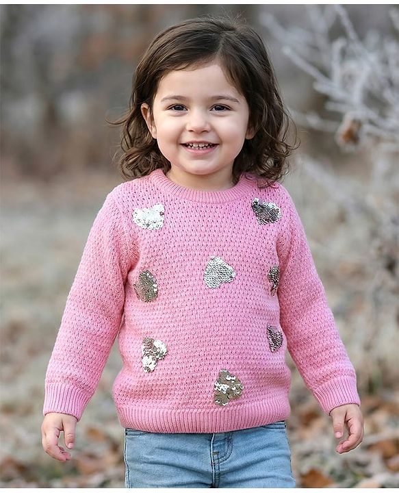 Babyhug Knitted Full Sleeves Pullover Sweater With Sequined Heart Design - Pink
