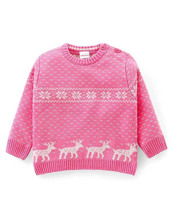 Babyhug Knit Full Sleeves Pullover Sweater Christmas Theme - Pink