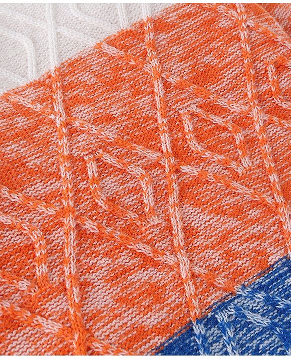 Babyhug Knit Full Sleeves Colour Block Pullover Sweater with Cable Knit Design - White Blue & Orange