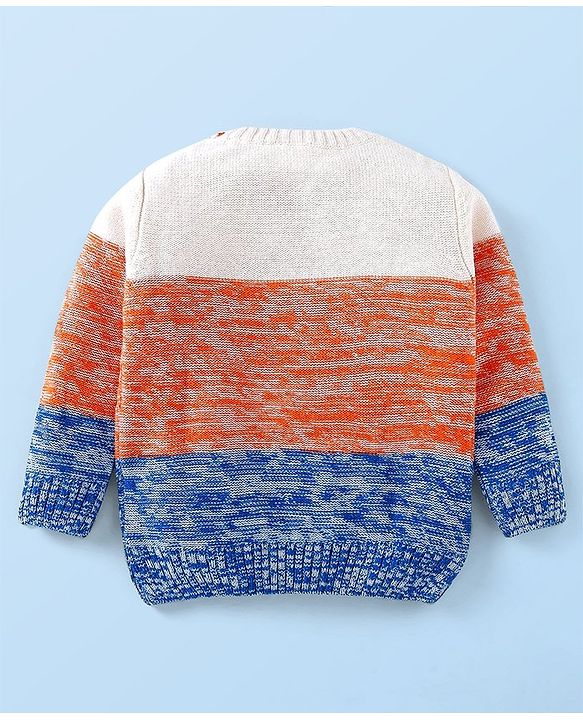 Babyhug Knit Full Sleeves Colour Block Pullover Sweater with Cable Knit Design - White Blue & Orange