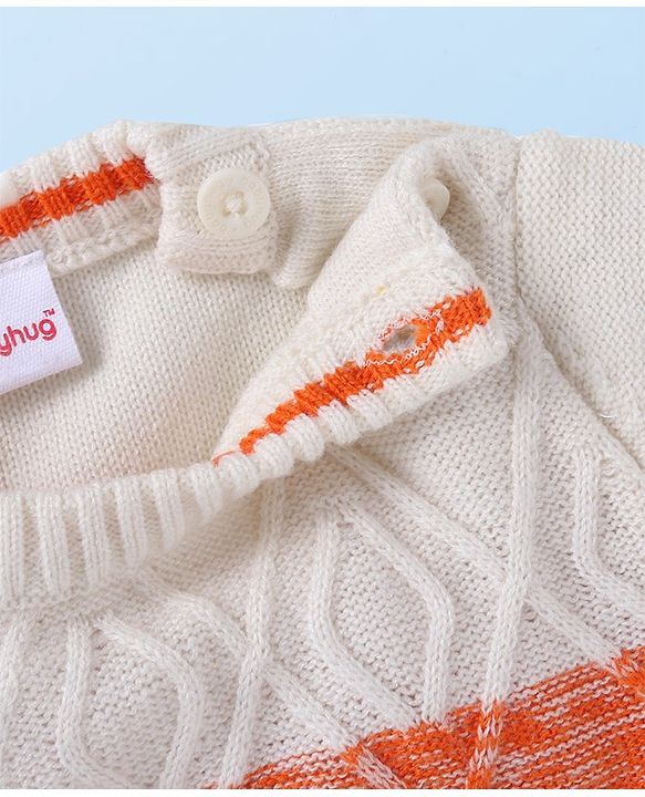 Babyhug Knit Full Sleeves Colour Block Pullover Sweater with Cable Knit Design - White Blue & Orange