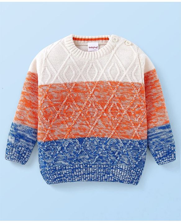 Babyhug Knit Full Sleeves Colour Block Pullover Sweater with Cable Knit Design - White Blue & Orange