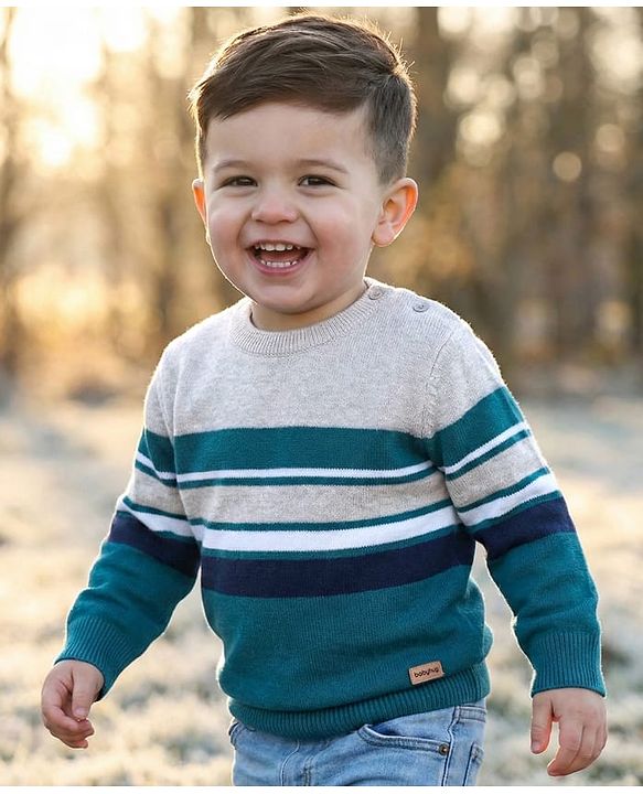 Babyhug Knitted Full Sleeves Pullover Light Weight Sweater with Striped Design - Blue & Grey