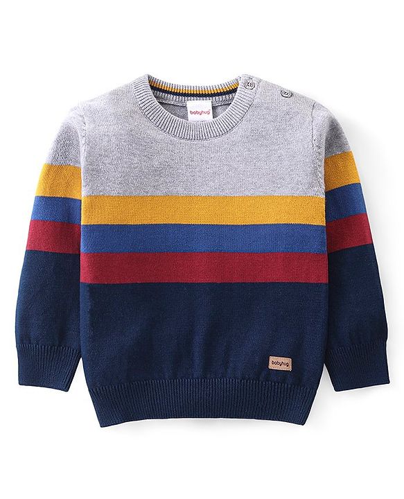 Babyhug Knitted Full Sleeves Pullover Light Weight  Sweater with Striped Design - Grey & Navy Blue