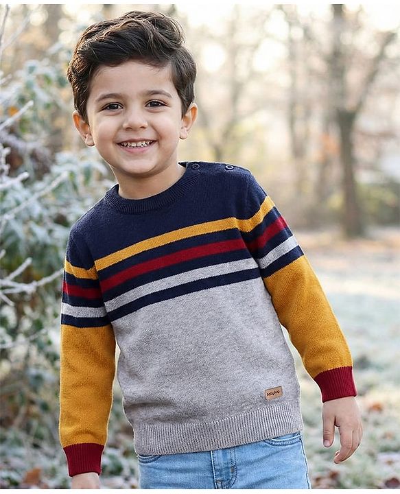 Babyhug Cotton Knitted Full Sleeves Pullover Light Weight  Sweater With Colour Block Design & Stripes - Multicolour