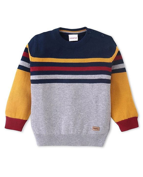 Babyhug Cotton Knitted Full Sleeves Pullover Light Weight  Sweater With Colour Block Design & Stripes - Multicolour