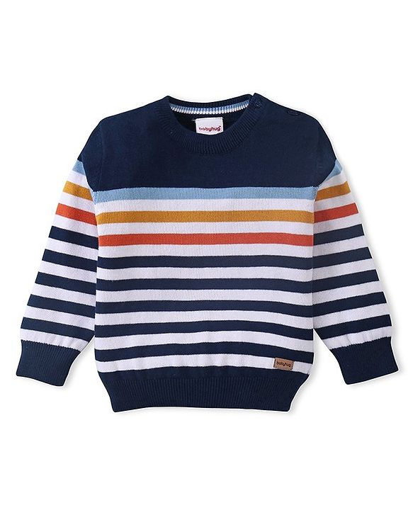 Babyhug Cotton Knitted Full Sleeves Pullover Light Weight  Sweater With Stripes - Navy Blue