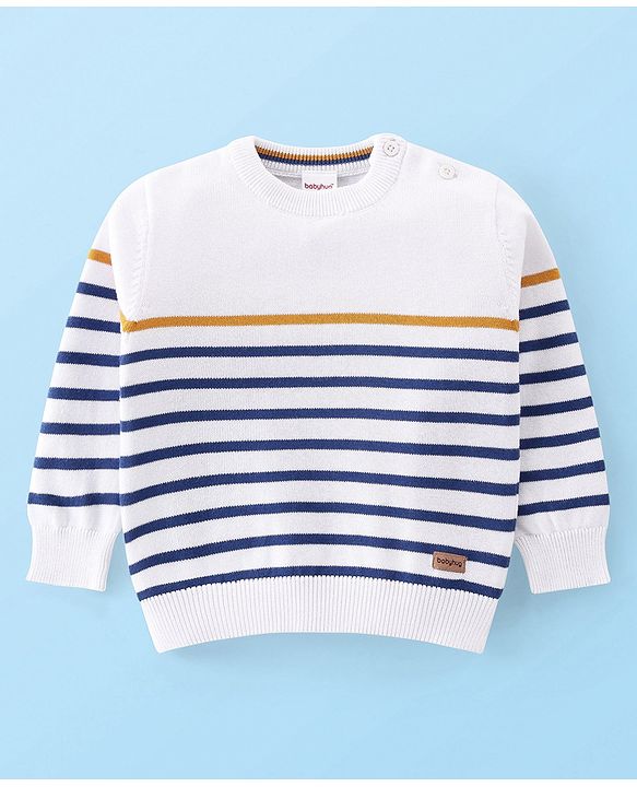 Babyhug Knitted Full Sleeves Striped Pullovers Light Weight  Sweater-  White & Blue