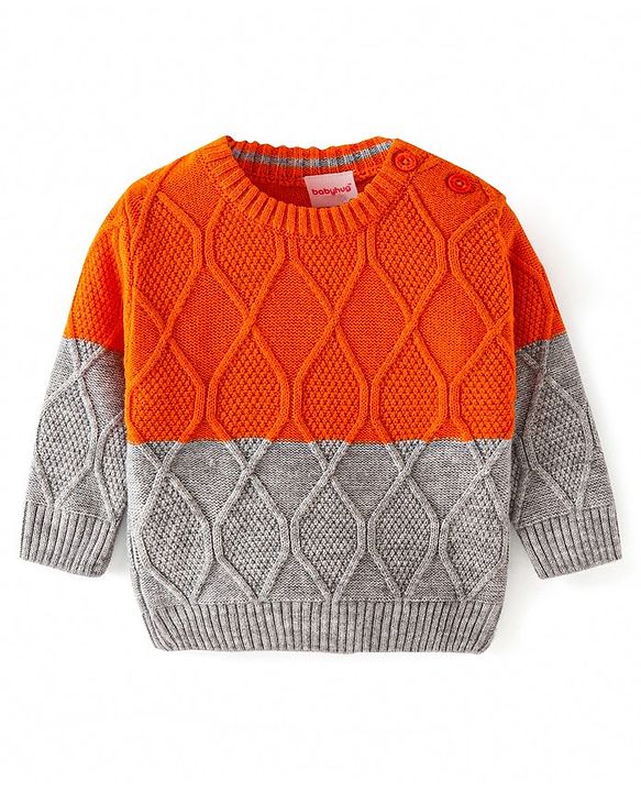 Babyhug Knitted Full Sleeves Pullover Sweater with Colour Block & Cable Knit Design -  Grey & Orange
