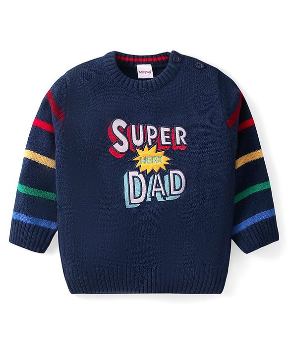 Babyhug Knitted Full Sleeves Pullover Striped Designed Sweater with Text Embroidery - Navy Blue