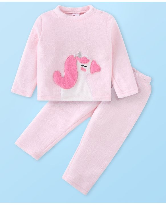 Babyhug Velour Knit Full Sleeves Winter Wear Night Suit with Unicorn  Applique - Pink