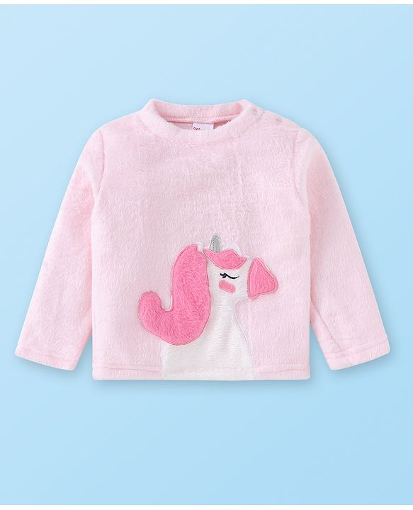 Babyhug Velour Knit Full Sleeves Winter Wear Night Suit with Unicorn  Applique - Pink