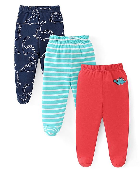 Babyhug Interlock Knit Striped Bootie Leggings with Dino Print Pack of 3 - Multicolour