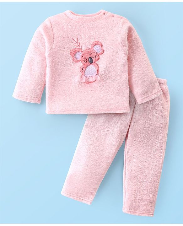 Babyhug Velour Knit Full Sleeves Winter Wear Night Suit With Koala Applique - Light Pink