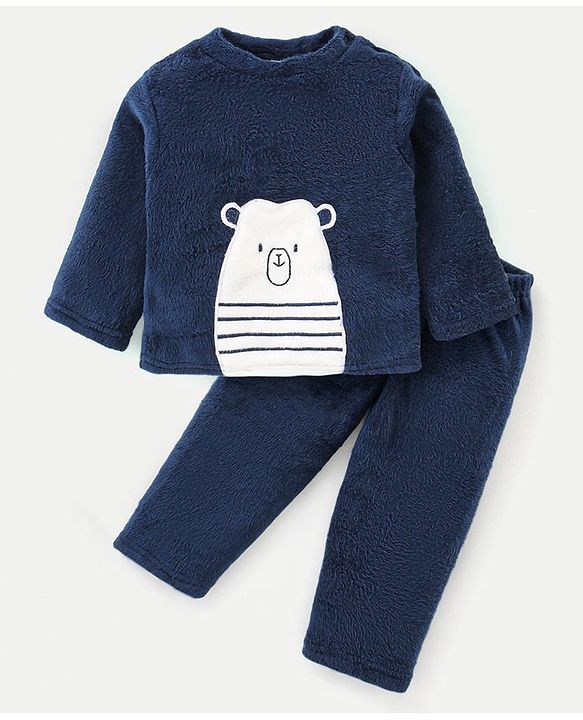 Babyhug Velour Knit Full Sleeves Winter Night Suit With Bear Design - Navy