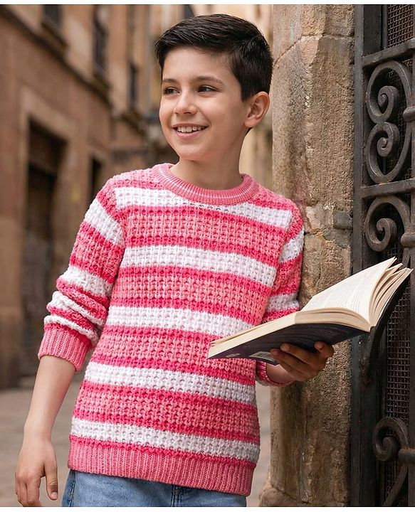 Pine Kids Knitted Full Sleeves Striped Pullover Sweater - Pink