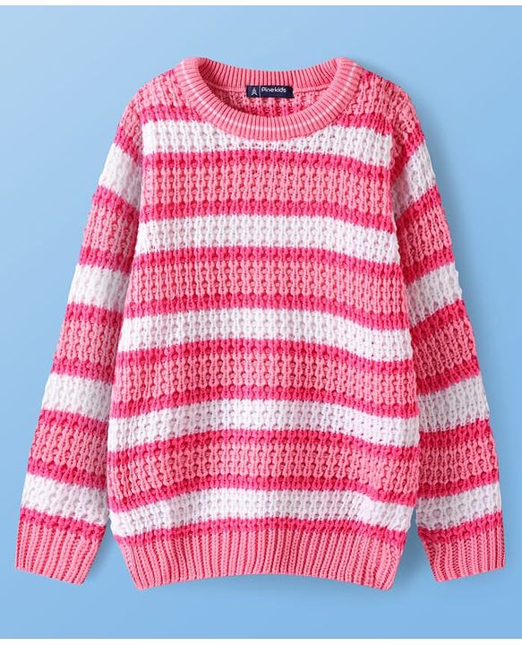 Pine Kids Knitted Full Sleeves Striped Pullover Sweater - Pink