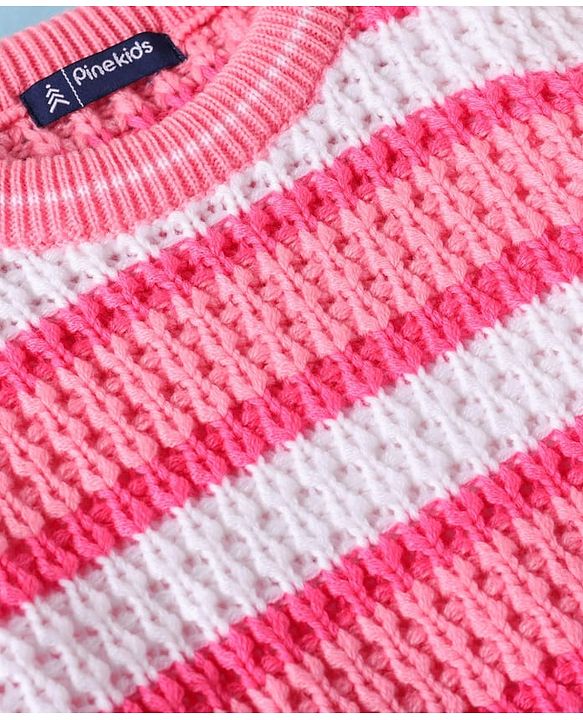 Pine Kids Knitted Full Sleeves Striped Pullover Sweater - Pink