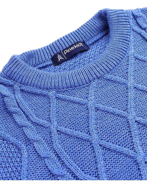 Pine Kids Knitted Full Sleeves Pullover Sweater with Cable Knit Design - Blue