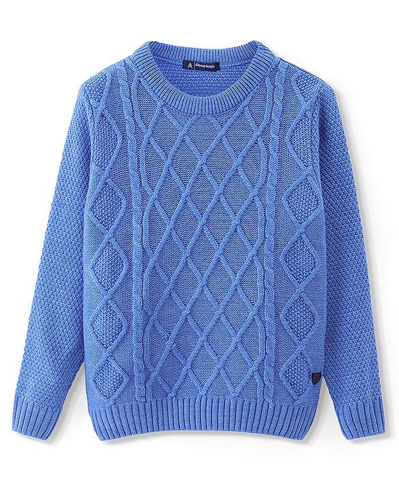 Pine Kids Knitted Full Sleeves Pullover Sweater with Cable Knit Design - Blue