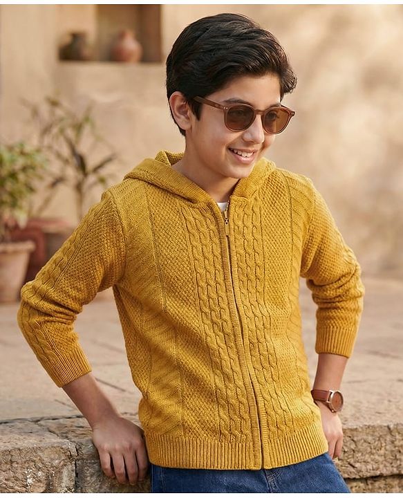Pine Kids Full Sleeves Front Open  Hood Sweater - Mustard