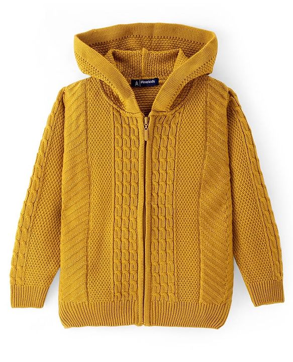 Pine Kids Full Sleeves Front Open  Hood Sweater - Mustard