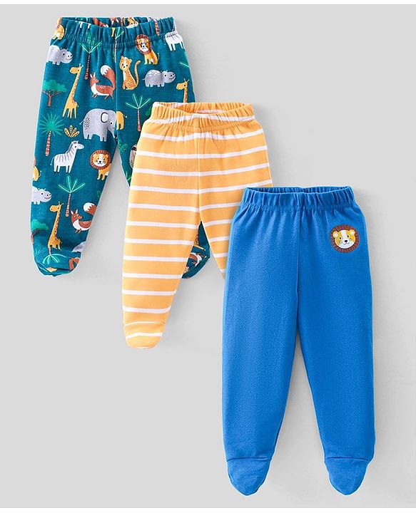 Babyhug Interlock Knit Full Length Bootie  Leggings with Striped & Animal Print Pack of 3 - Blue & Orange