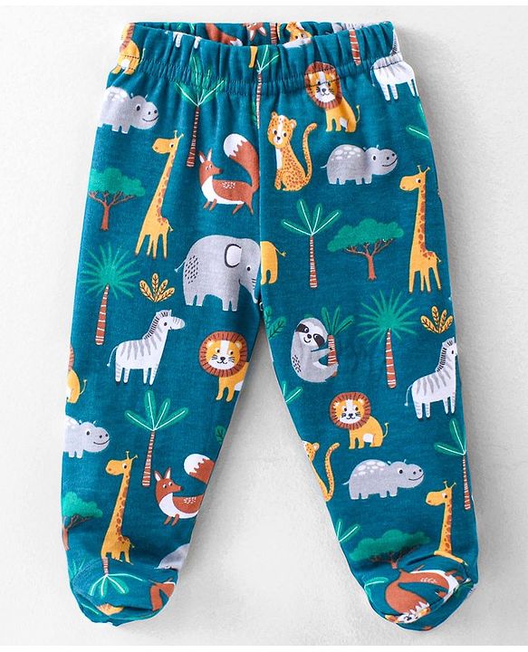Babyhug Interlock Knit Full Length Bootie  Leggings with Striped & Animal Print Pack of 3 - Blue & Orange