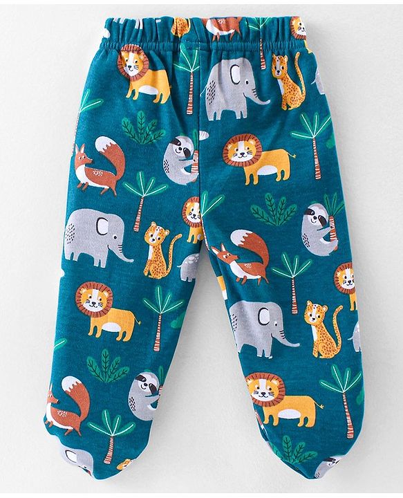 Babyhug Interlock Knit Full Length Bootie  Leggings with Striped & Animal Print Pack of 3 - Blue & Orange