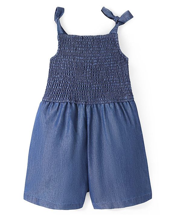 Pine Kids Cotton Woven Sleeveless Jumpsuit with Bow & Smocking Detailing - Blue