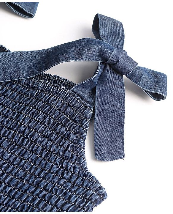 Pine Kids Cotton Woven Sleeveless Jumpsuit with Bow & Smocking Detailing - Blue