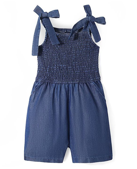 Pine Kids Cotton Woven Sleeveless Jumpsuit with Bow & Smocking Detailing - Blue