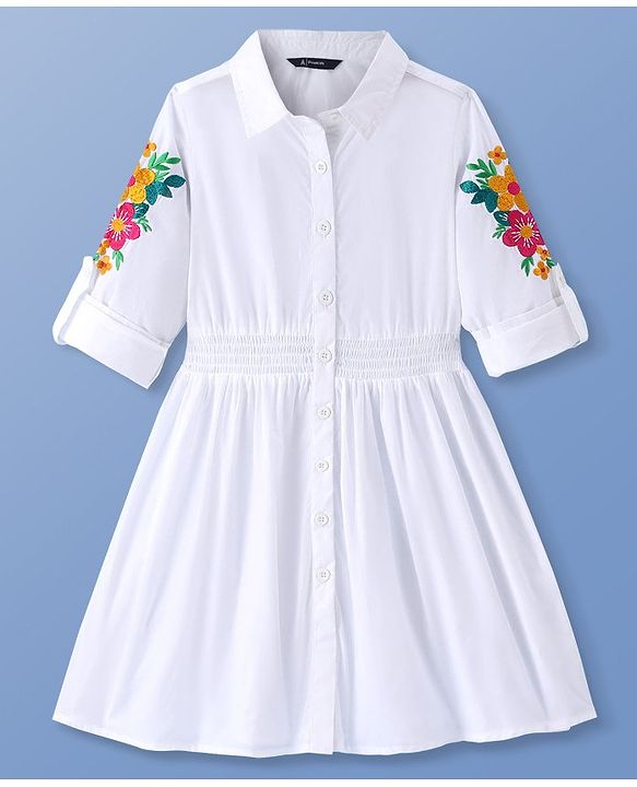 Pine Kids Cotton Woven Full Sleeves Frocks with Floral Embroidery - White