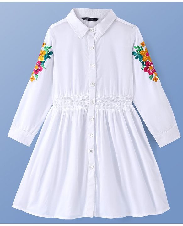 Pine Kids Cotton Woven Full Sleeves Frocks with Floral Embroidery - White