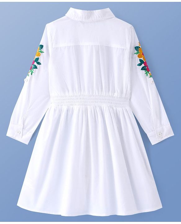 Pine Kids Cotton Woven Full Sleeves Frocks with Floral Embroidery - White
