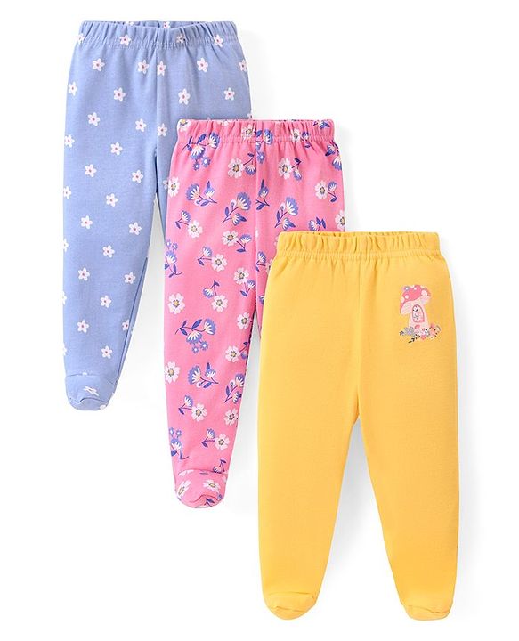 Babyhug Interlock Cotton Knit Bootie Leggings with Floral Print Pack of 3 - Multicolour