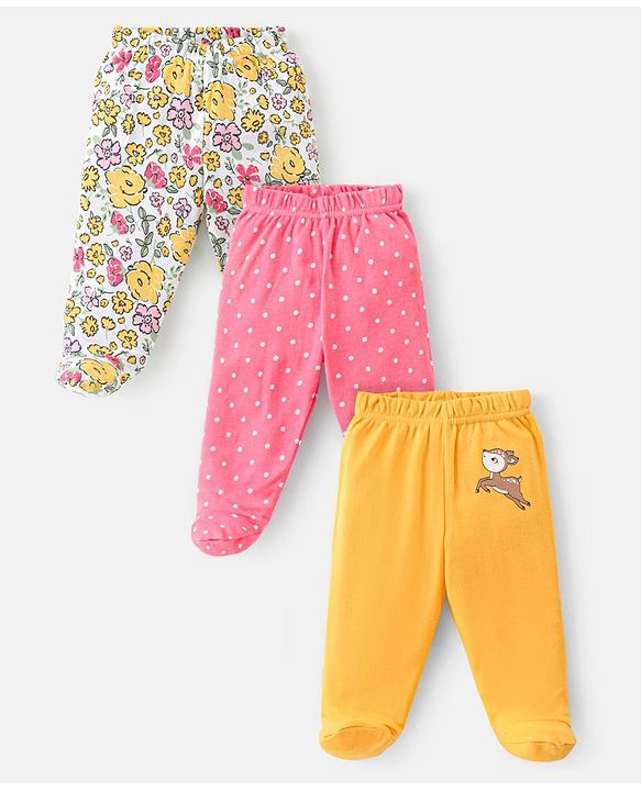 Babyhug Cotton Knit Footed Bootie Leggings With Floral & Polka Dots Print Pack Of 3 - Multicolor
