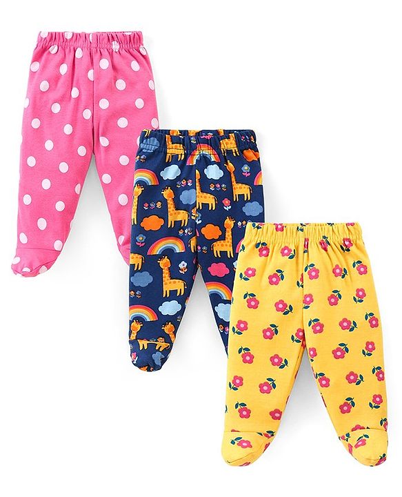 Babyhug Cotton Knit Interlock  Footed Bootie Leggings Polka Dots & Floral Print Pack of 3 - Blue Pink & Yellow