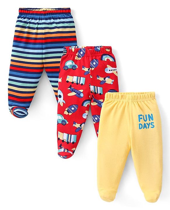 Babyhug Interlock Knit Striped Bootie Leggings with Vehicle & Text Print Pack of 3 - Multicolour