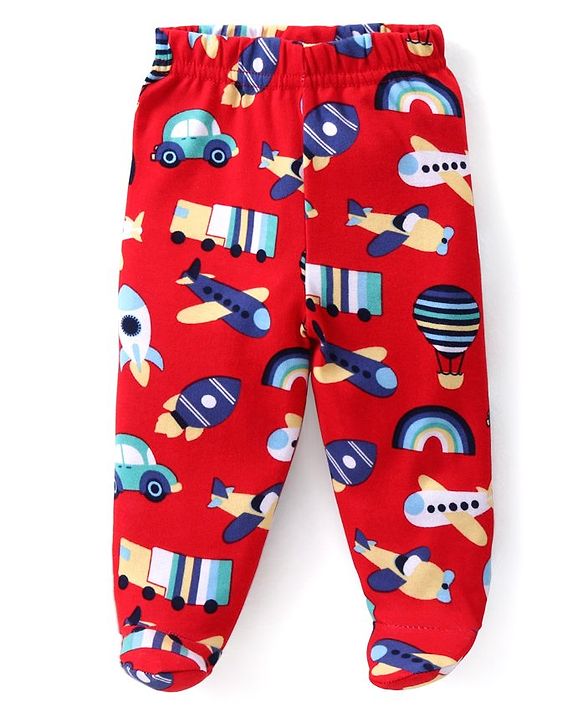 Babyhug Interlock Knit Striped Bootie Leggings with Vehicle & Text Print Pack of 3 - Multicolour
