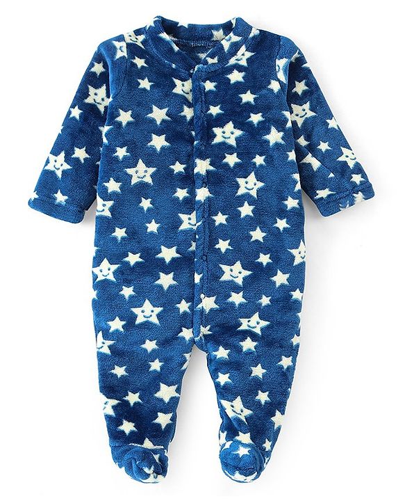 Babyhug Velour Knit Full Sleeves Winter Wear Sleep Suit With Stars Print - Navy