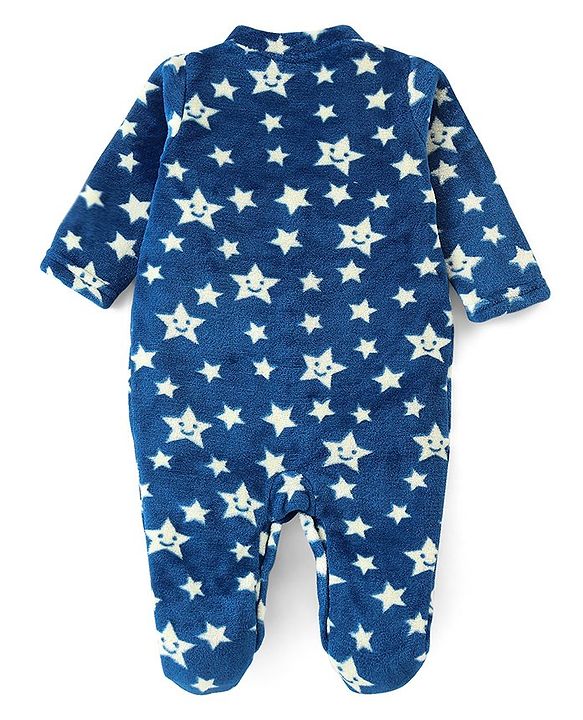 Babyhug Velour Knit Full Sleeves Winter Wear Sleep Suit With Stars Print - Navy