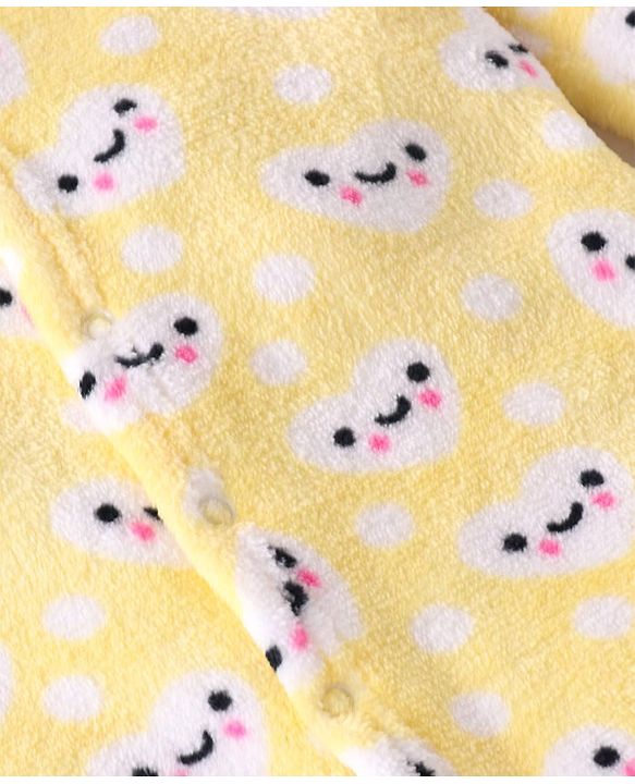 Babyhug Velour Knit Full Sleeves Footed Winter Sleep Suit with Hearts Print - Yellow