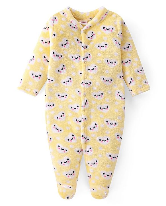 Babyhug Velour Knit Full Sleeves Footed Winter Sleep Suit with Hearts Print - Yellow