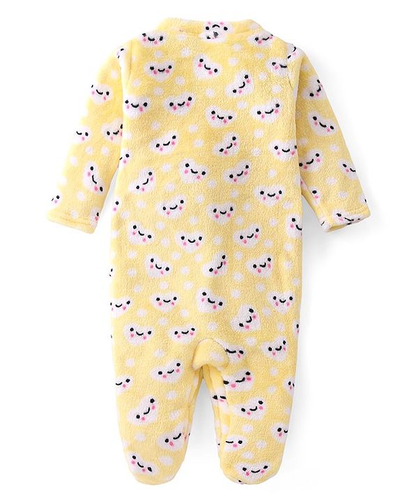 Babyhug Velour Knit Full Sleeves Footed Winter Sleep Suit with Hearts Print - Yellow