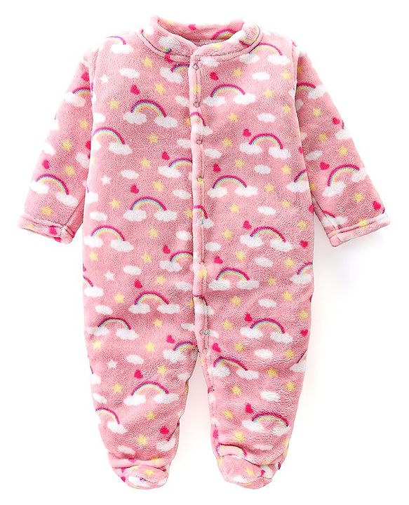 Babyhug Preemie Velour Knit Full Sleeves Footed Sleep Suit with Sky Print - Pink